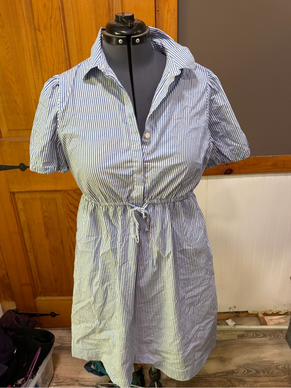 J. Crew Blue and White Striped Drawstring Shirt Dress